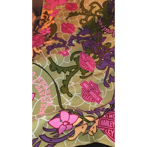 Harley-Davidson Green Floral Logo Scarf Bandana Bling T-Shirt Material 24x24 - Picture 11 of 14